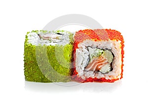 Sushi roll with salmon and spawn