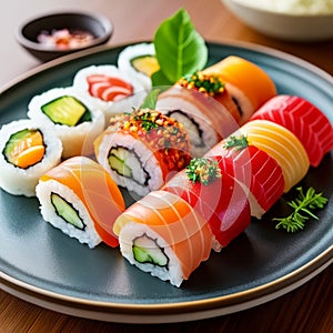 Sushi roll with salmon, tuna, avocado, cucumber and cream cheese. Sushi menu