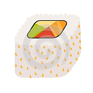 Sushi roll with sesame, japanese food. Sushi roll cartoon style icon. Sushi on white background.