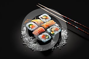 Sushi roll set, Japanese maki food on dark background, top view, generative AI