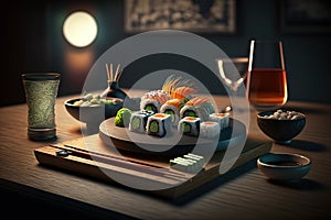 Sushi roll set in restaurant, Japanese maki food on served table, generative AI