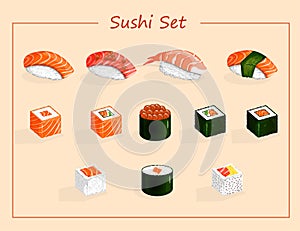 Sushi and roll set such as nigiri, gunkan maki, uramaki, futomaki, hosomaki. Vector illustrations of traditional