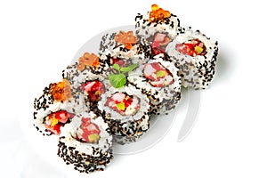 Sushi roll with shrimp, flying fish roe, salmon and black sesame