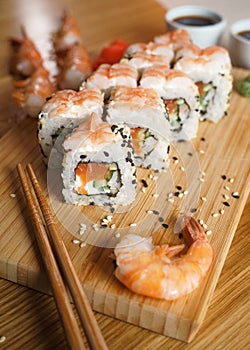 Sushi roll with shrimp and salmon inside