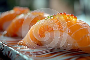 A Sushi Roll Symphony Salmon Tunes with Roe Highlights, Menu Restaurant