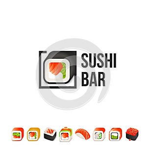 Sushi and roll vector logo template. Japanese oriental kitchen delicacy logotype. Minimal menu design, black border.