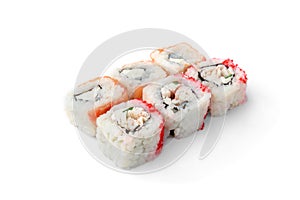 Sushi rolls assortment isolated on white background. Maki california rolls. Japanese food.