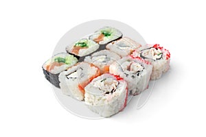 Sushi rolls assortment isolated on white background. Maki california rolls. Japanese food.