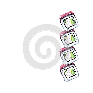Sushi rolls with avocado cream cheese and tuna. Watercolor illustration isolated on white background.