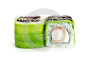 sushi rolls with avocado and shrimp isolated on white background