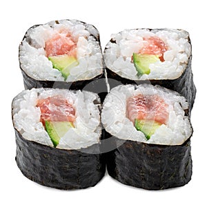 Sushi rolls with chopped fresh fish on a white background, Asian food, traditional Japanese food