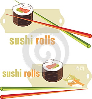 Sushi rolls and chopsticks. Icons for menu design