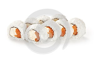 Sushi rolls with cream cheese and salmon on white