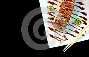 Sushi rolls with eel on a white plate, Isolated