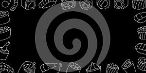 Sushi rolls horizontal outline banner. Tobiko maki, philadelphia roll, onigiri, shrimp nigiri, tekkamaki tuna roll