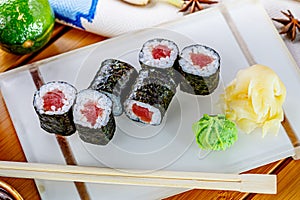 Sushi rolls hosomaki with tuna