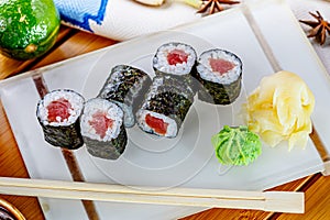 Sushi rolls hosomaki with tuna photo