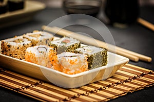 Sushi rolls hosomaki and uramaki