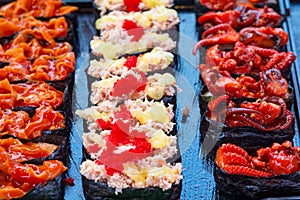 Sushi rolls japanese delicacy. Japanese traditional food from rice and fish or sea food, Thailand, Asia
