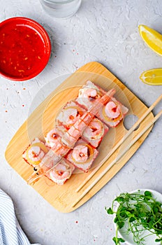 Sushi Rolls with Langoustine and Shrimps, Baked Sushi Rolls Seafood and Crab, Cream Cheese Topped