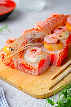 Sushi Rolls with Langoustine and Shrimps, Baked Sushi Rolls Seafood and Crab, Cream Cheese Topped