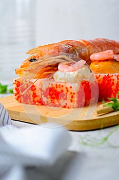 Sushi Rolls with Langoustine and Shrimps, Baked Sushi Rolls Seafood and Crab, Cream Cheese Topped