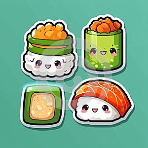 Sushi rolls logo illustration. Sushi sticker cartoon character illustration. Sushi baner.