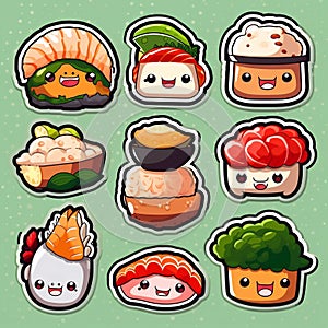 Sushi rolls logo illustration. Sushi sticker cartoon character illustration. Sushi baner.