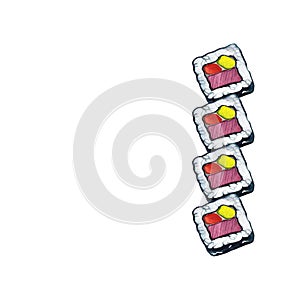 Sushi rolls in nori, stuffing with fish and vegetables. Watercolor illustration isolated. Asian cuisine.