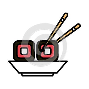 Sushi rolls oriental menu in dish with chopsticks line and fill style icon