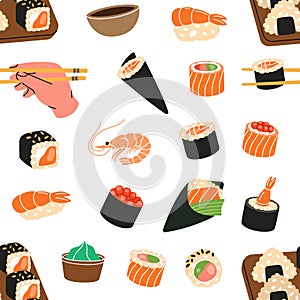 Sushi and rolls pattern. Sushi seamless background. Tobiko maki, philadelphia roll, onigiri, shrimp nigiri, futomaki