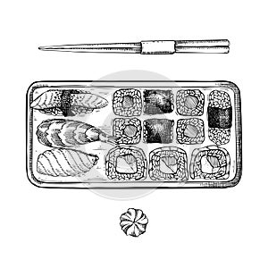 Sushi rolls in plastic box. Asian cuisine meal sketch. Vintage fast food drawing. Food delivery design element. Take away box