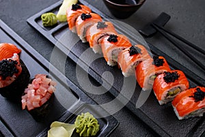 Sushi rolls on plate, gourmet seafood delicatessen