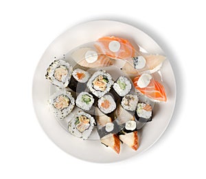 Sushi and rolls in a plate isolated