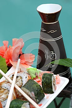 Sushi rolls with sake set