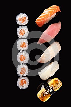 Sushi rolls and sashimi