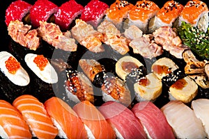 Sushi rolls and sashimi