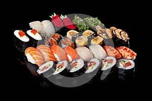 Sushi rolls and sashimi