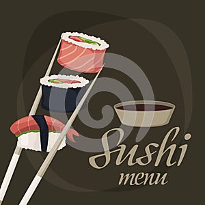 Sushi rolls sashimi seafood fish rice japanese food fresh soy sauce japan meal maki raw background restaurant