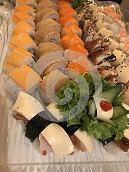 Sushi rolls served in a food tray