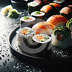 Sushi rolls set on a black sushi plate.