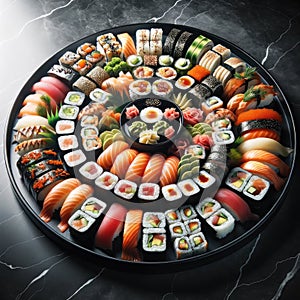 Sushi rolls set on a black sushi plate.