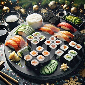 Sushi rolls set on a black sushi plate.