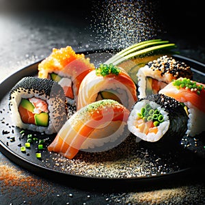 Sushi rolls set on a black sushi plate.