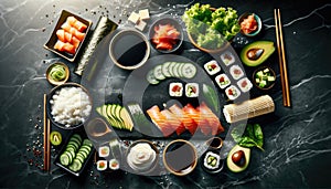 Sushi rolls set on a black sushi plate.