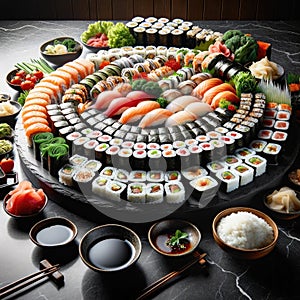 Sushi rolls set on a black sushi plate.