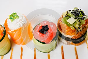 Sushi rolls set, fusion food style restaurant menu
