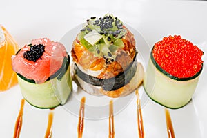 Sushi rolls set, fusion food style restaurant menu