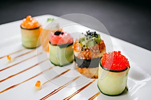 Sushi rolls set, fusion food style restaurant menu