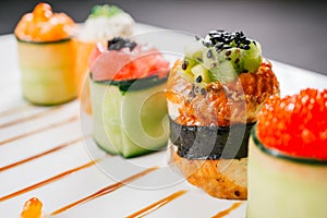 Sushi rolls set, fusion food style restaurant menu